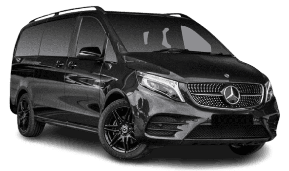 Black luxury van with sleek design and tinted windows.