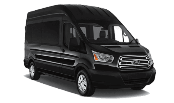 A black passenger van with tinted windows and silver wheels.